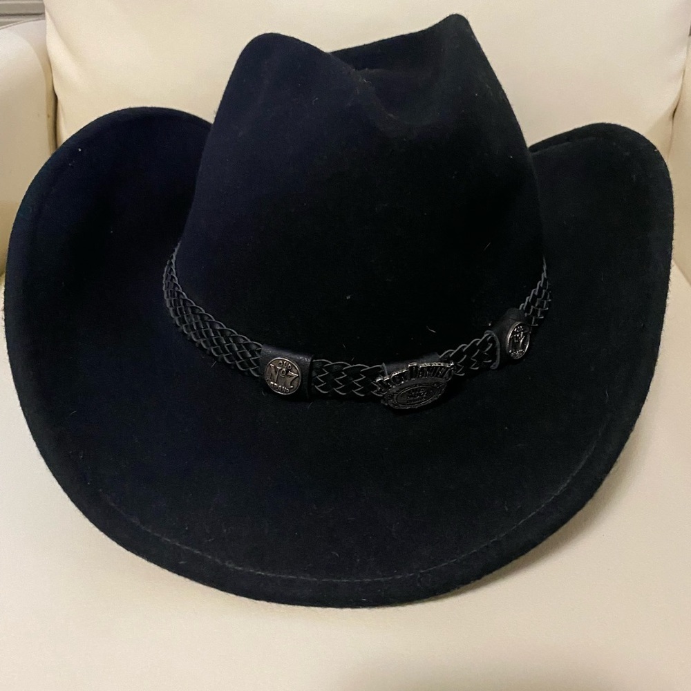 Jack Daniels Black Western %100 Wool Cowboy Hat w Silver Tone Hardware